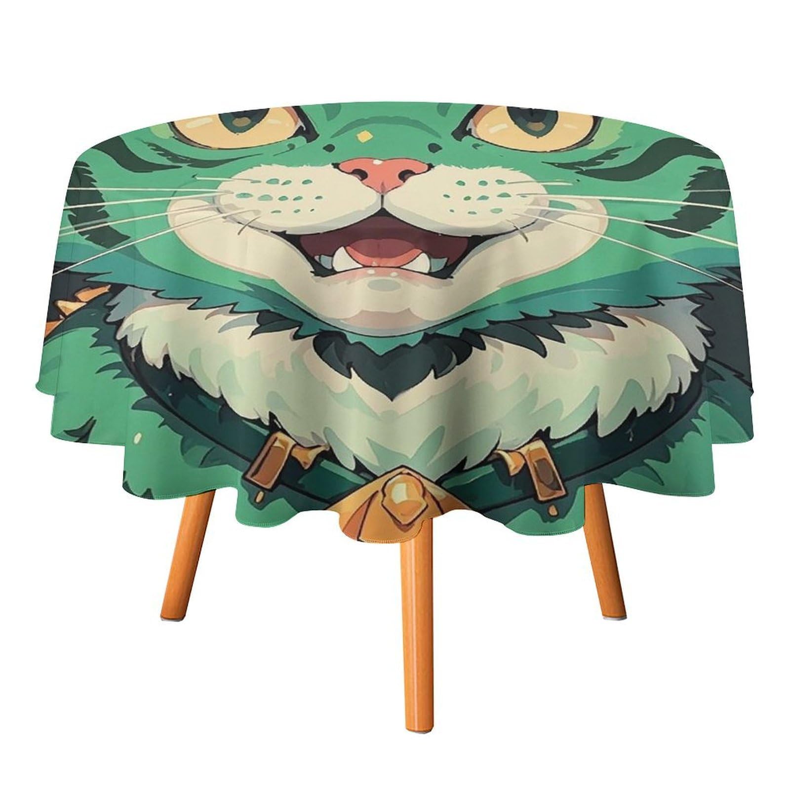 SMAZDFXX Anime Green Cat Tablecloth for Restaurant, Round Polyester Table Cover 50x50in for Party