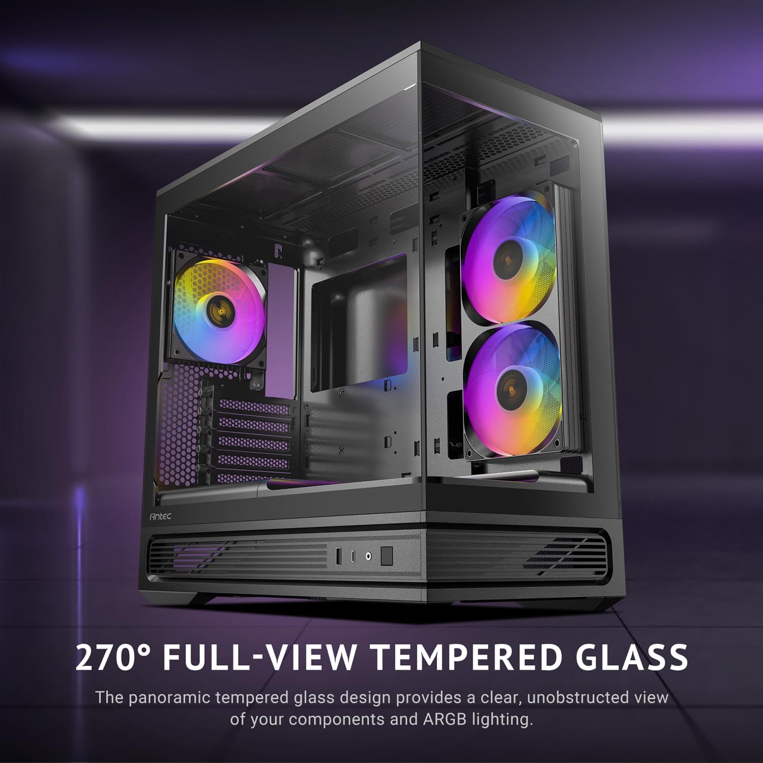 Antec C2M ARGB, Compact MicroATX Case, Panoramic Tempered Glass, High Airflow, 3 PWM ARGB Fans Included, Support 360mm Radiator & 415mm GPU, Type-C 10Gbps, Tool-Free Design