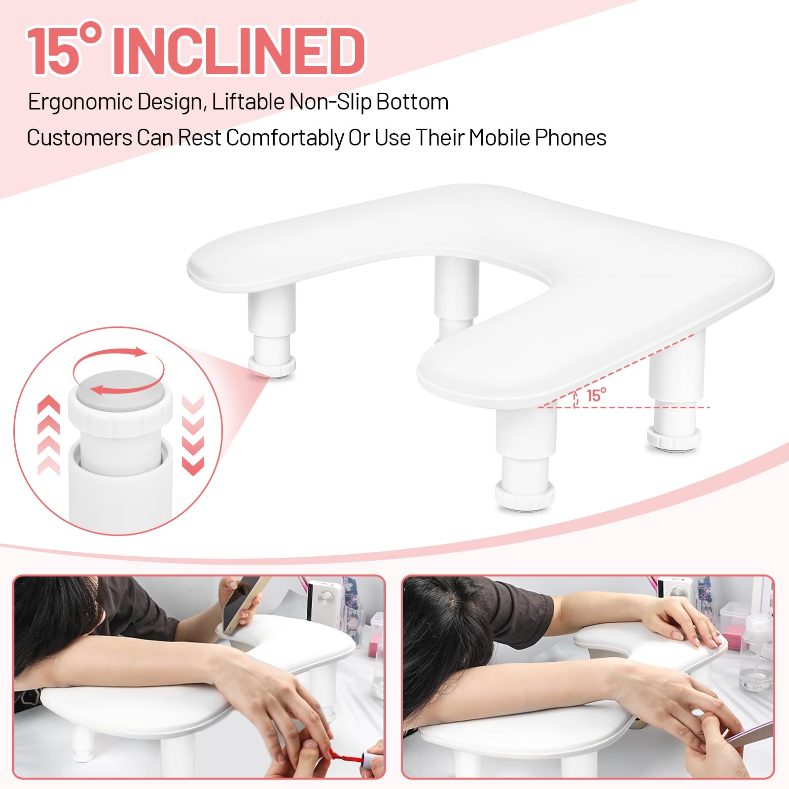 Reposabrazos para Uñas de U para manicura – Reposamanos para Uñas,Almohadilla para manos ajustable en altura de cuero PU antideslizante,cojín de apoyo para técnicas de uñas – Blanco