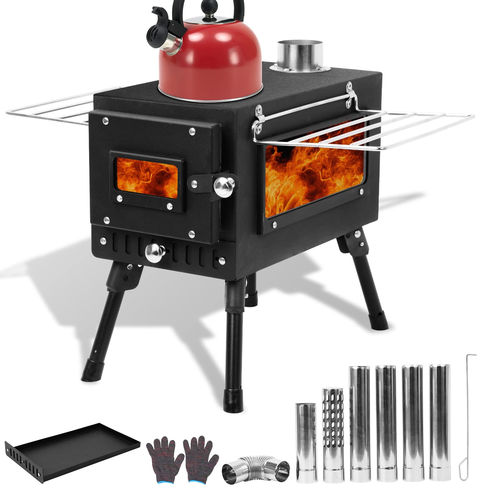 Amazon.com: GELTTULU Camping Stove Hot Tent Stove, Outdoor Wood Burning  Stove Foldable w/Large View Window, Chimney Pipe, Ash Catcher Box,Spark  Arrestor, for Caming, Fishing, Heating and Cooking : Sports u0026 Outdoors