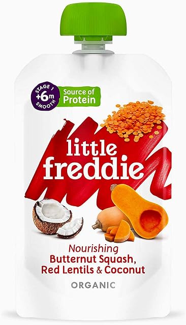 Little Freddie Organic Baby Food Stage 1 Butternut Squash Red Lentil and Coconut, 6x120g Pouches - from 6 Months, 720 gram