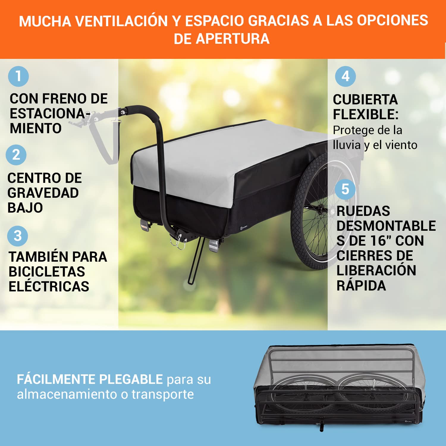 Klarfit Remolque para Bicicleta con 2 Ruedas, Carro Bicicleta Kit de Enganche para Carga, Acero con Enganche y Soporte, Remolque Impermeable para Bicicletas Almacenamiento y Transporte
