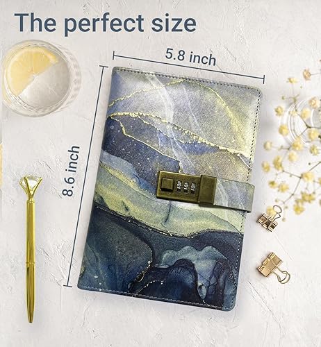 Miniatura 2 de Diario con cerradura y bolígrafo, un juego de diario con cerradura, diario de bloqueo de diseño de mármol, diario con cerradura para adultos, piel