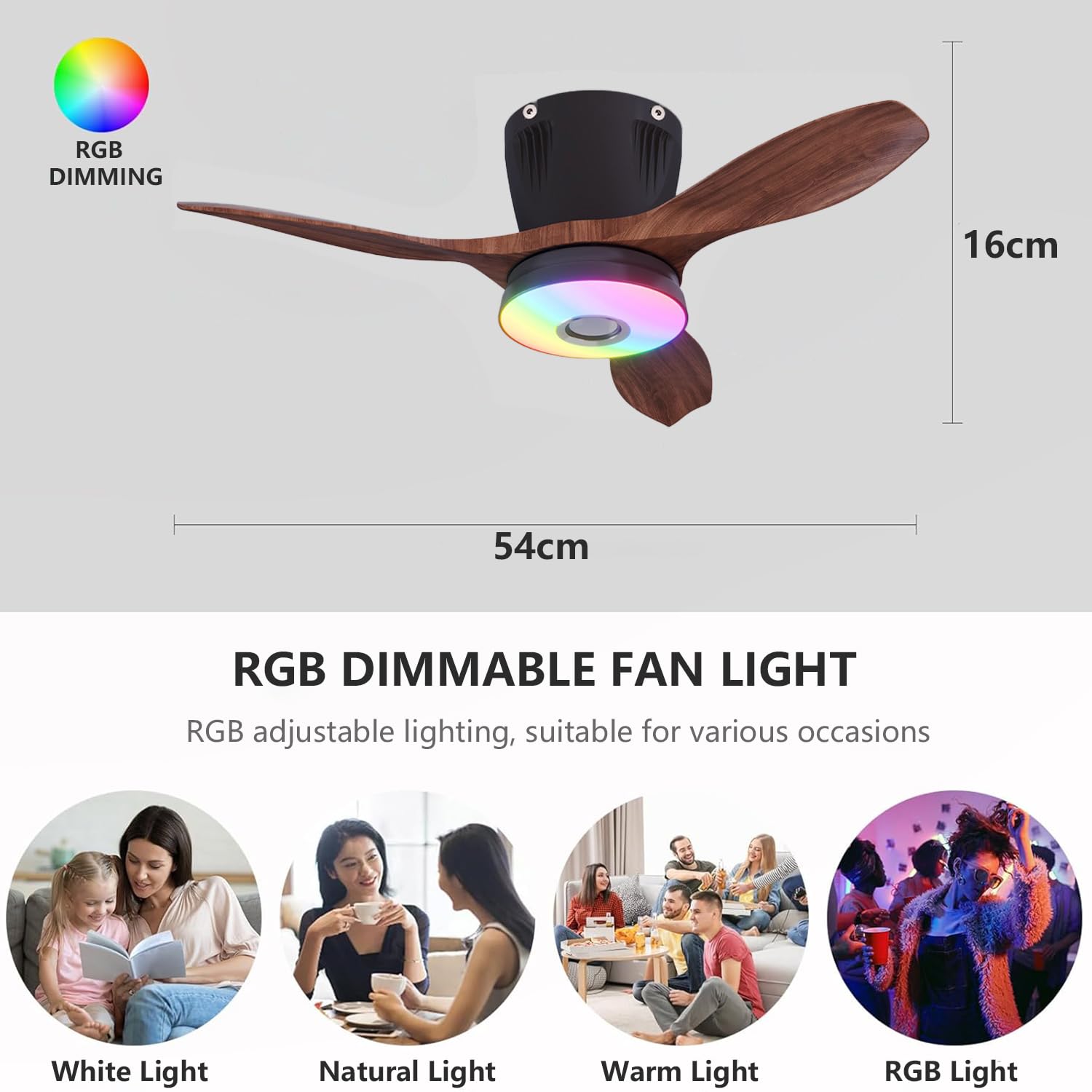 RGB Dimmable Plafonnier Ventilateur avec Telecommande LED Silencieux Ventilateurs de Plafond avec Lampe Douille E27 Fan Plafonnier Musique Lampe de Ventilateur pour Chambre à Coucher Salon (Noir)