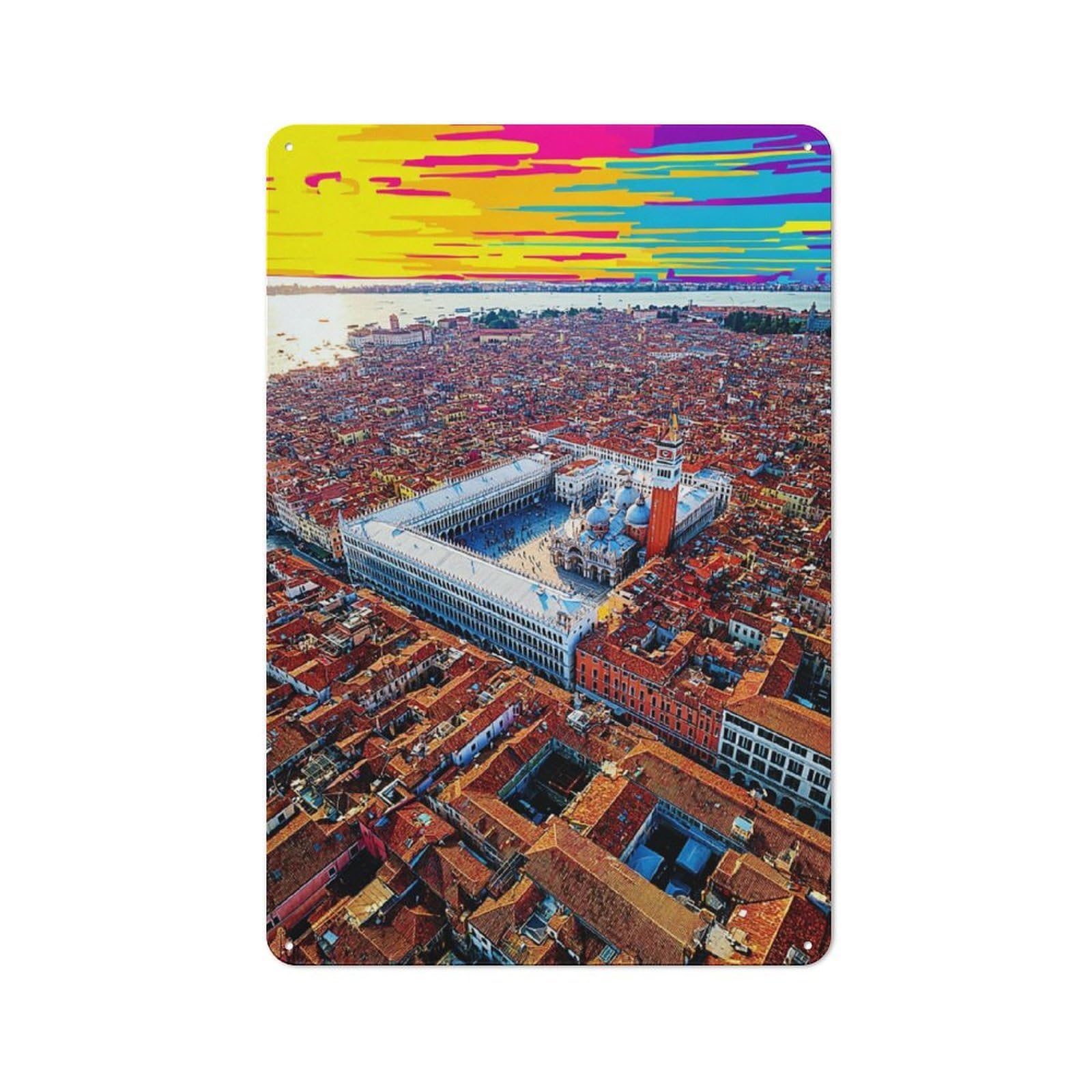 Classic Metal Plaque 30x20cm Featuring Venice's Colorful Rooftops at Sunset, Bistro Wall Plaque for Kitchen, Cafe, Pantry Or Dining Room