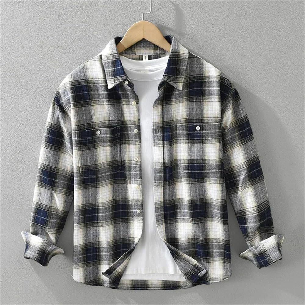 Men's Vintage Shirt Autumn Cotton Long Sleeve Shirts Plaid Casual Tops for Men