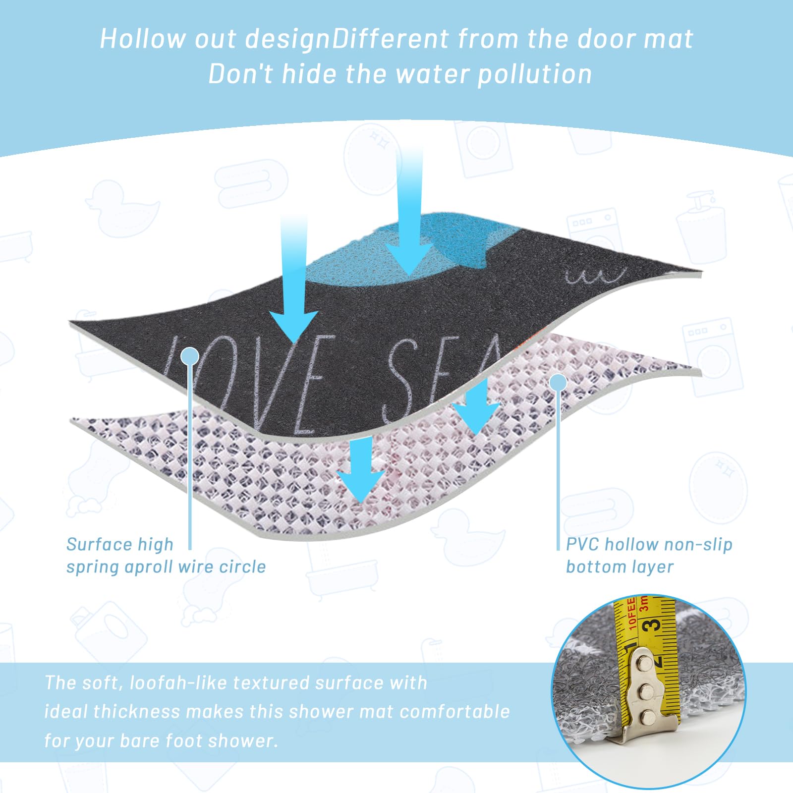 BWBIKE Tappetino Doccia Angolare Loofah, Tappetino Bagno Antiscivolo Antimuffa 60 x 60 cm, Tappetini Doccia per Doccia Interno Esterno, Tappetini Vasca Quadrante, Tappetino Bagno Settore Lavabile