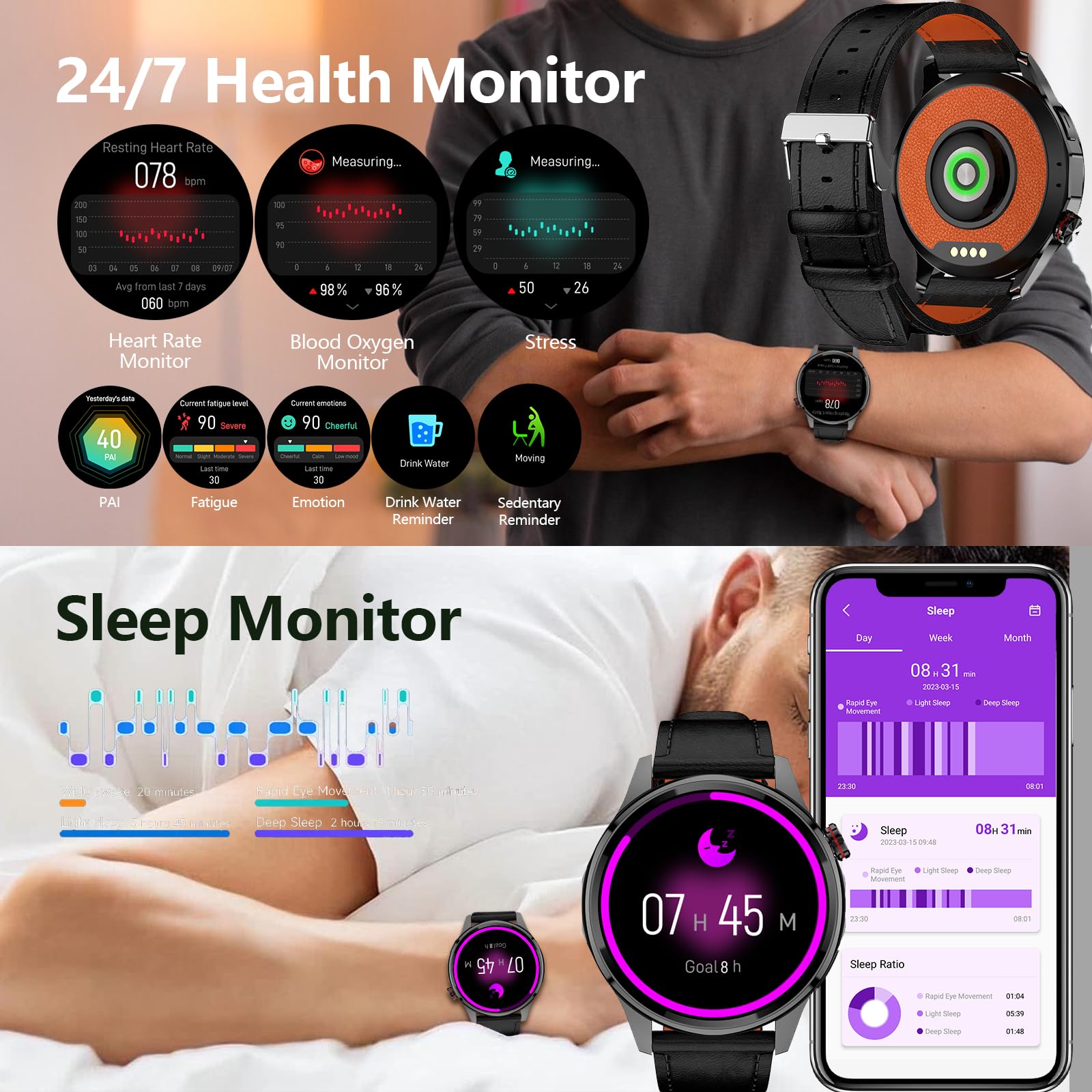 Smart Watch for Men Built-in GPS with Map, 1.46" AI Smartwatch with Health Monitor for Android Phones/iPhone, 100+ Sport Modes Fitness Tracker with Compass/Altitude/Barometer, Text Reply(2 Bands)