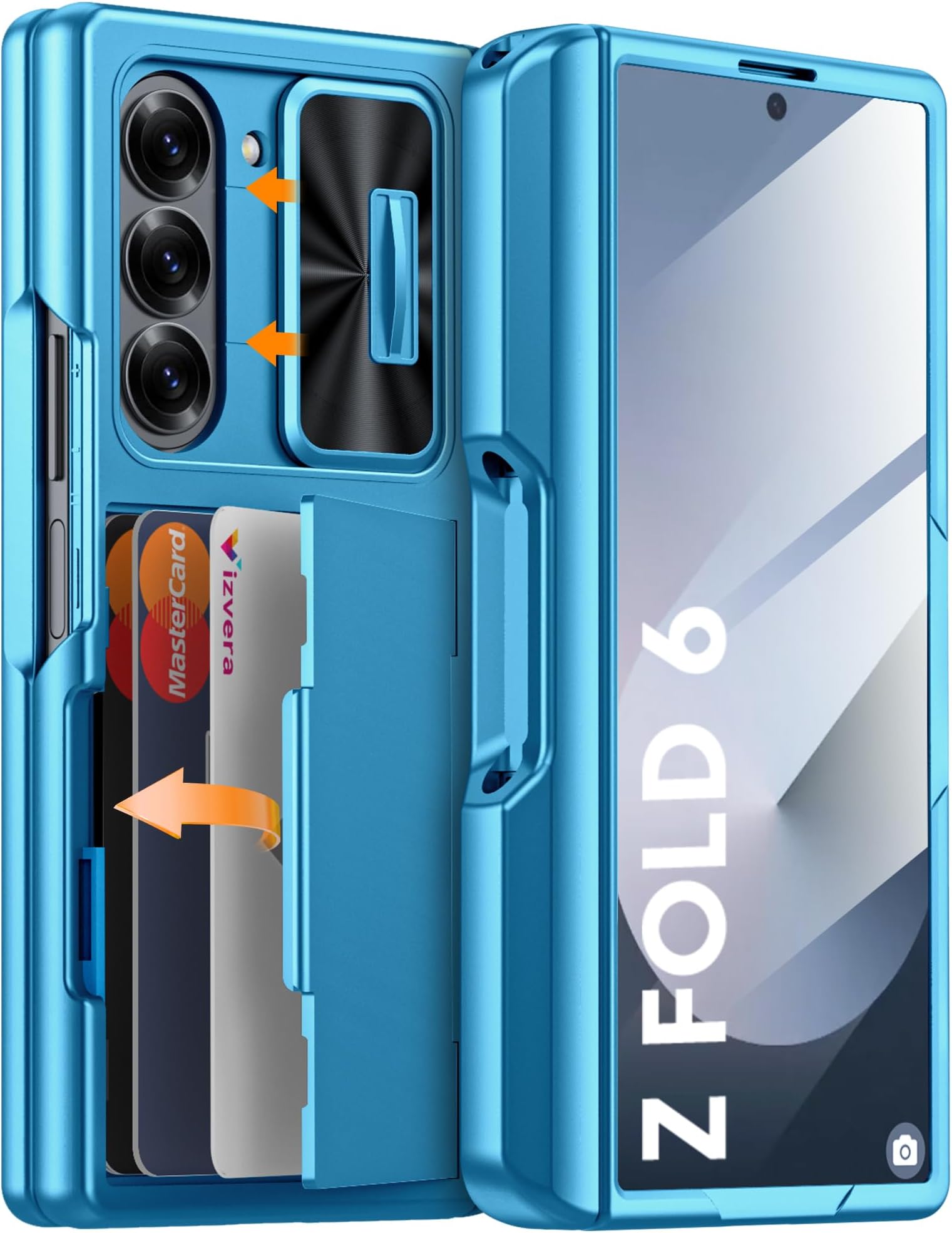 Vizvera for Samsung Galaxy Z Fold 6 Case RFID Wallet with Cards Holder [S Pen Holder] [Camera Cover] Shockproof Silicone Protective Phone Case for Z Fold 6 2024-Lake Blue