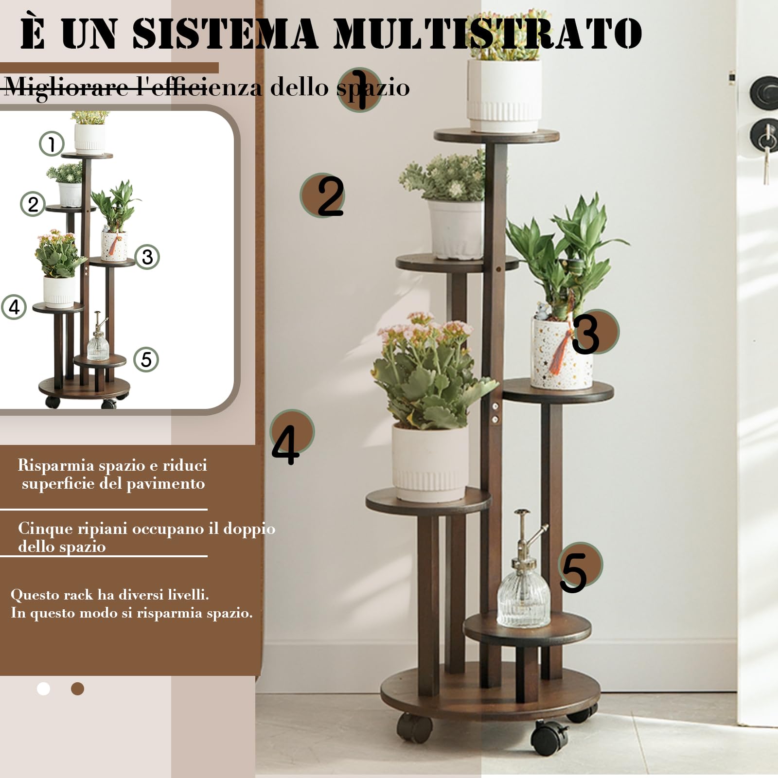 Porta Piante da Interno con Ruote, Scaffale 5 Livelli in Bambù Mobile 88 cm, Portavasi per Balcone, Giardino, Terrazzo, Supporto per Piante Reggivaso con Rotelle,Ø 31.5 cm (marrone)