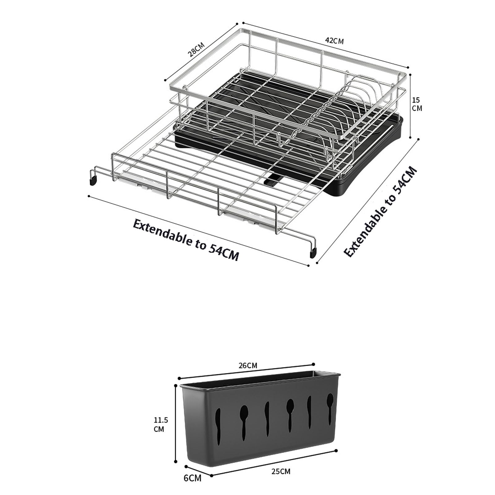 Escurridor de Platos para Encimera de Cocina Escurridor de Platos Extensible de Acero Inoxidable con Bandeja Recogegotas y Portacubiertos Secador Boquilla Giratoria 360°Ahorra Espacio