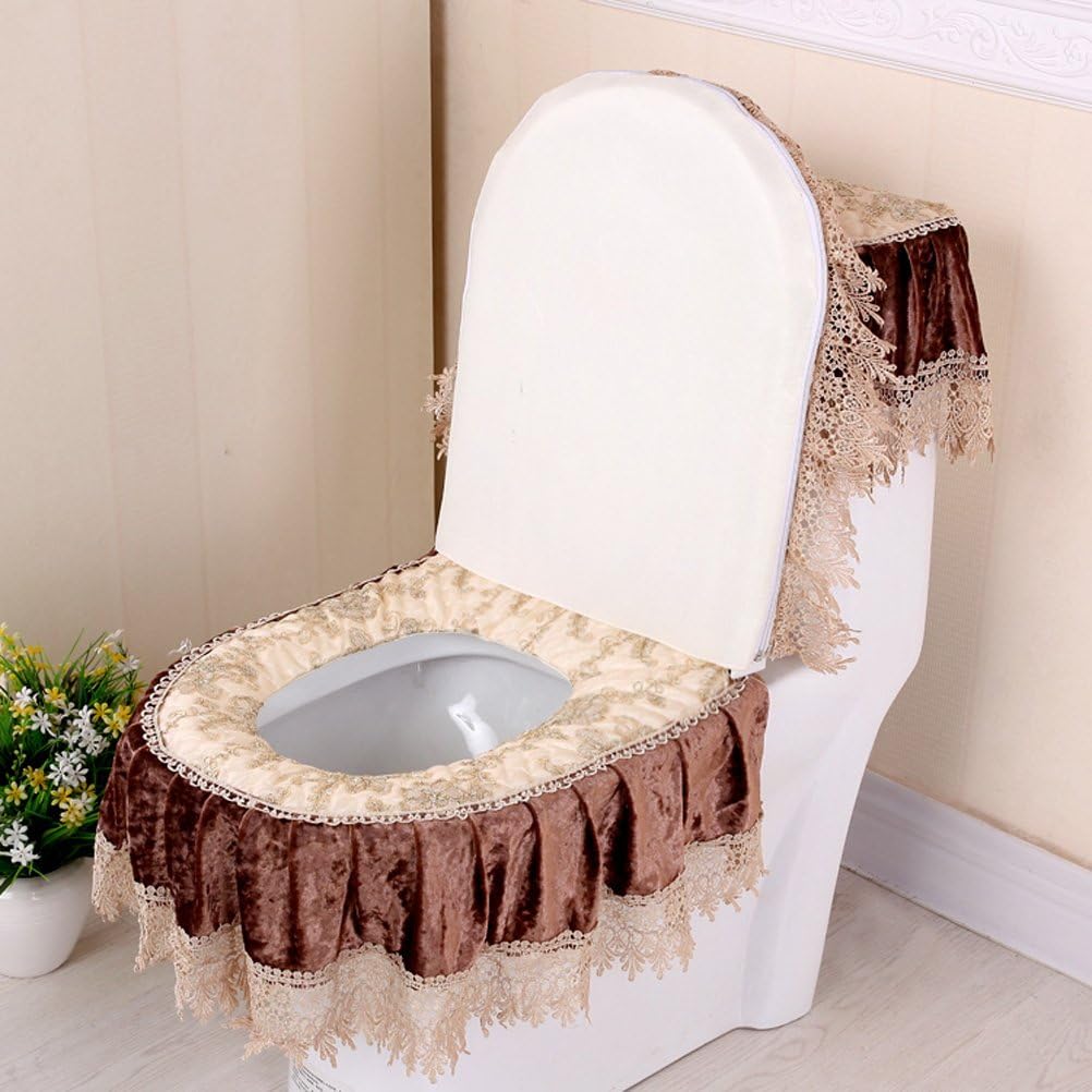 WSHINE Pleuche Lace Toilet Accessories Tank Cover + Lid Cover + Toilet Seat Cover with Zipper Design (coffee) : Home & Kitchen