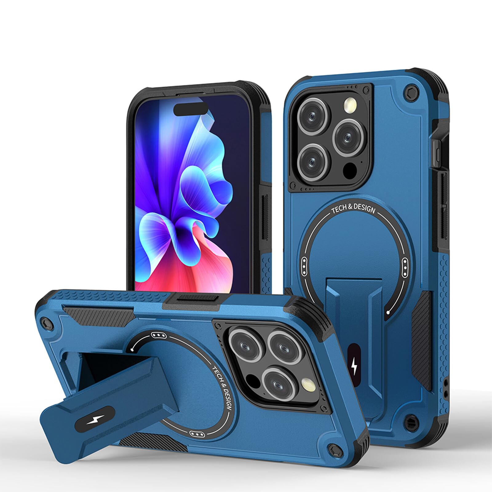 Coque iPhone 12 Pro bleu silicone anneau magnétique support antichoc - 8