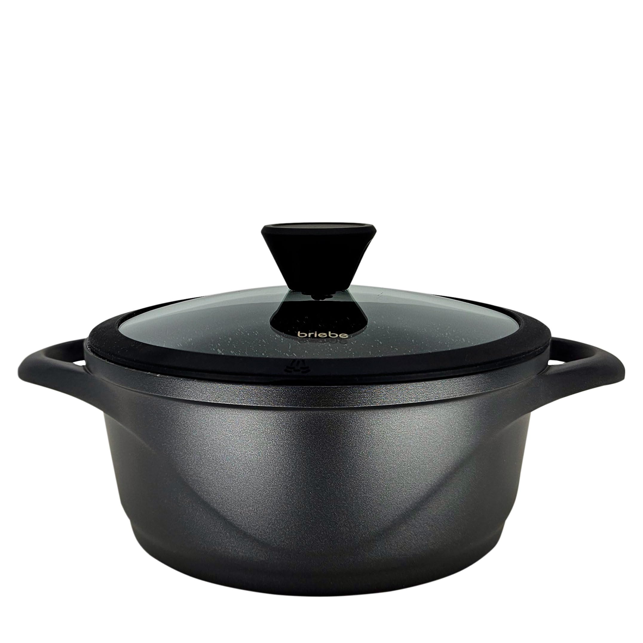 briebe Batería Cocina Inducción 8 Piezas, Juego 4 Ollas Aluminio Fundido, Antiadherente ILAG GRANITEC sin PFOA, Set Cazuelas Tapas Cristal, Guantes Silicona, Vitrocerámica, Gas, Horno, MGK-17S