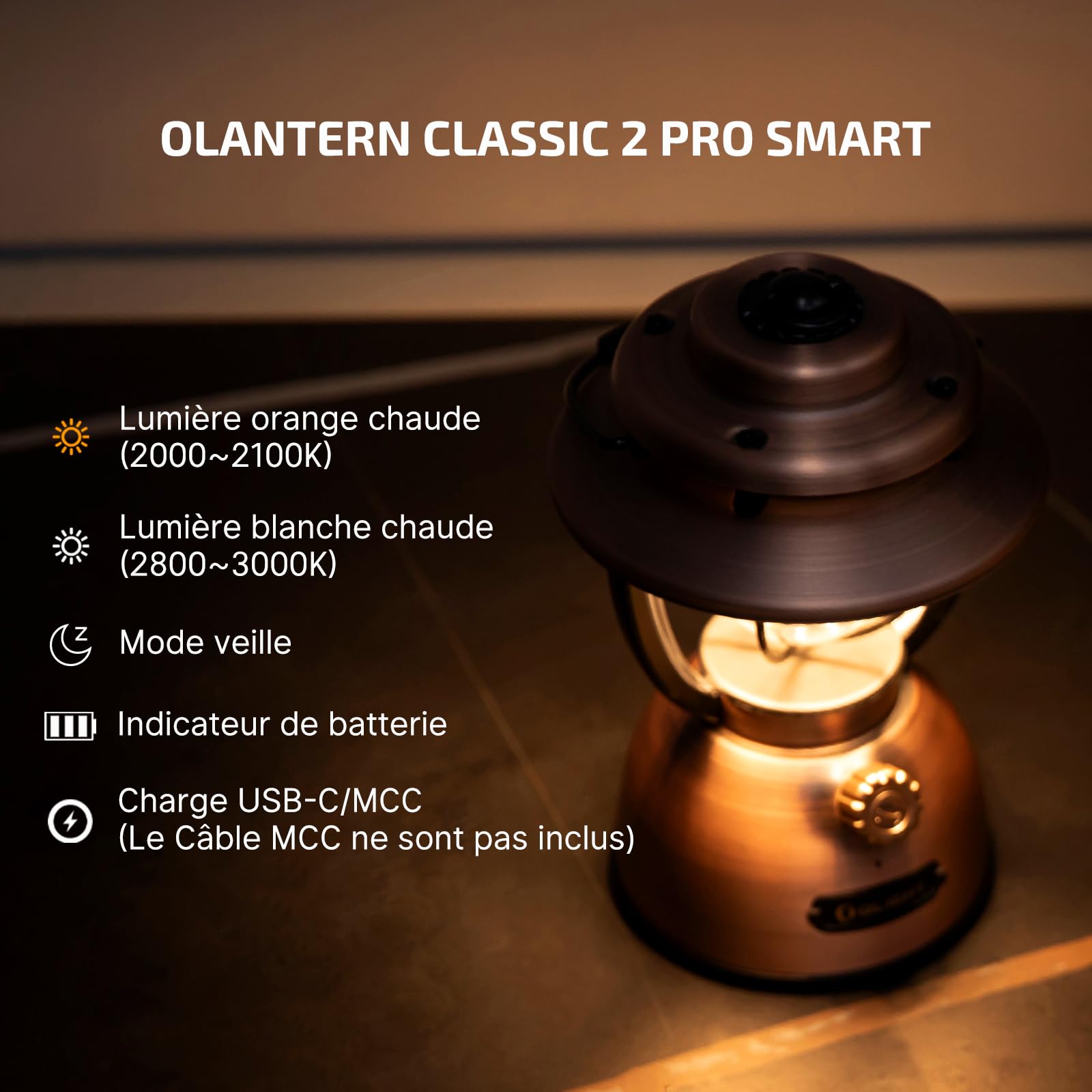 OLIGHT Olantern Classic 2 Pro Lampe de Camping Intelligente 300 LM avec Contrôle via Application, Lanterne LED de Style Rétro, Batterie de Secours Rechargeable via USB pour Le Camping