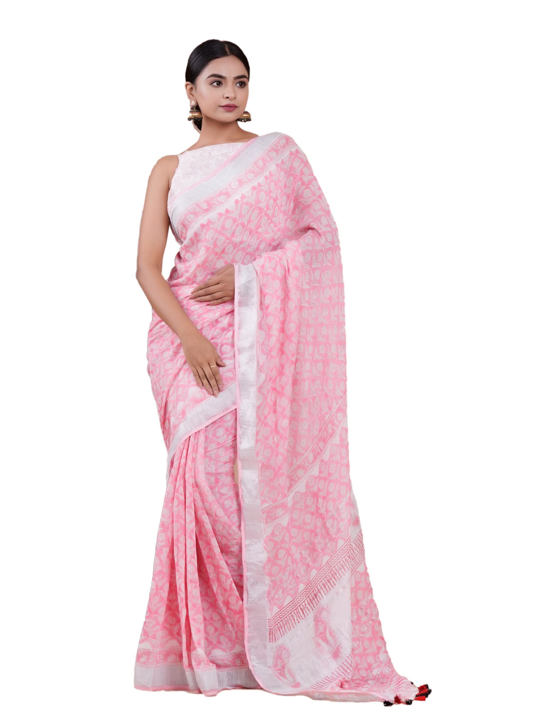 Shivanya Handicrafts Women's Hand Block Printed Cotton Linen Saree With Blouse Piece_ CL-129, Multicolour, 5.5m