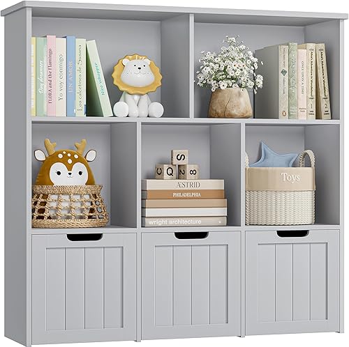 Miniatura 6 de FOTOSOK Toy Storage Organizer with 3 Movable Drawers, Floor Storage Cabinet Toy Organizer with Hidden Wheels and 5 Storage Cubbies, Multifunctional