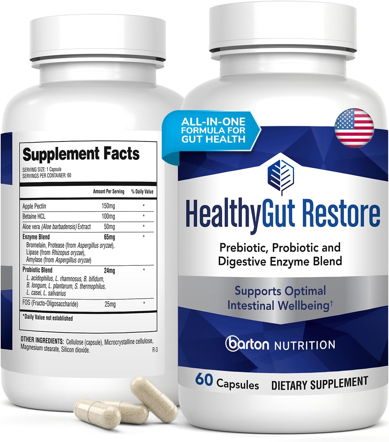 Healthy Gut Restore - Gut Health Supplements, Prebiotic and Probiotics for Digestive Health, Immune Support, Bloating Relief, Digestive Enzyme for Women & Men, Made in USA - 60 Caps, 2 Month Supply
