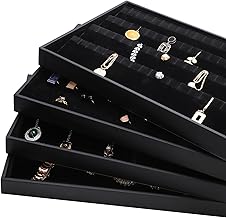 Tosnail 4-Pack Velvet Jewelry Display Trays, Stackable Jewelry Organizer and Storage Case for Drawer, Rings, Earrings, Necklaces, Bracelet, Black