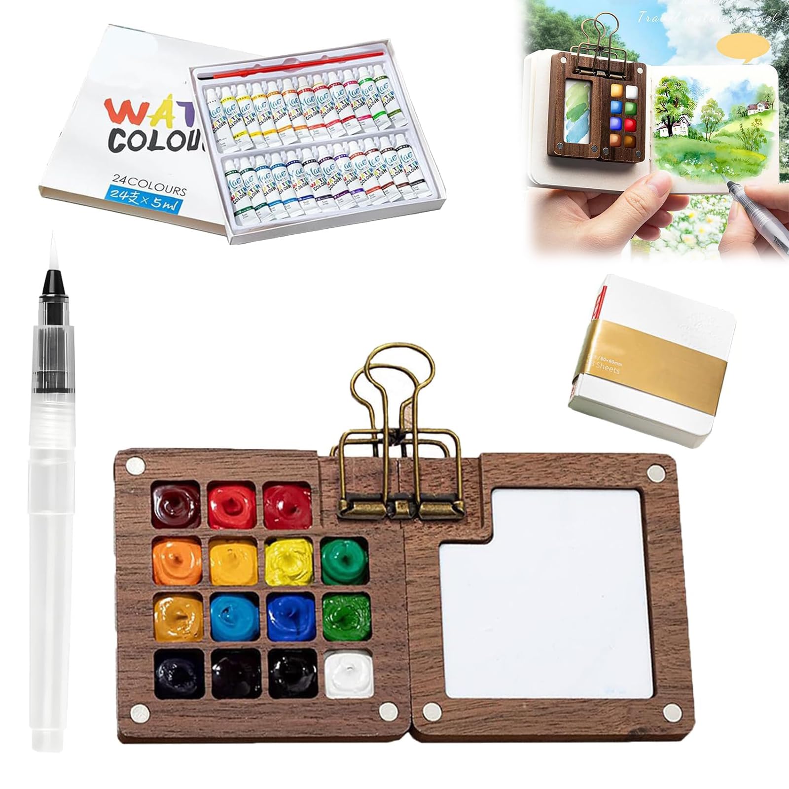 Kit Aquarelle Portable De Voyage - 12 Couleurs, Palette En Bois, Pinceau à Eau & Carnet | Mini Coffret Pour Artistes, Croquis En Extérieur