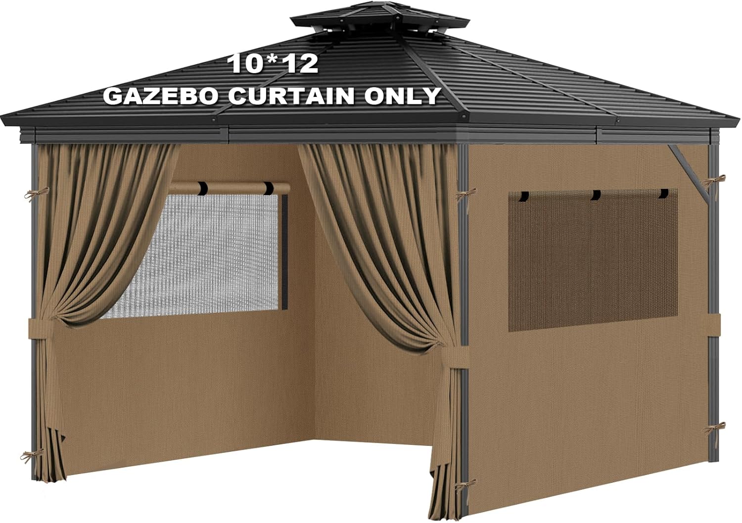 Universal Replacement Privacy Curtains for Gazebos, 10x12 ft Outdoor Waterproof with Large Mosquito-Proof Window Opening, 2-Piece Four-Sided Side Walls with Zippers (Curtains Only, Khaki) 10x12FT