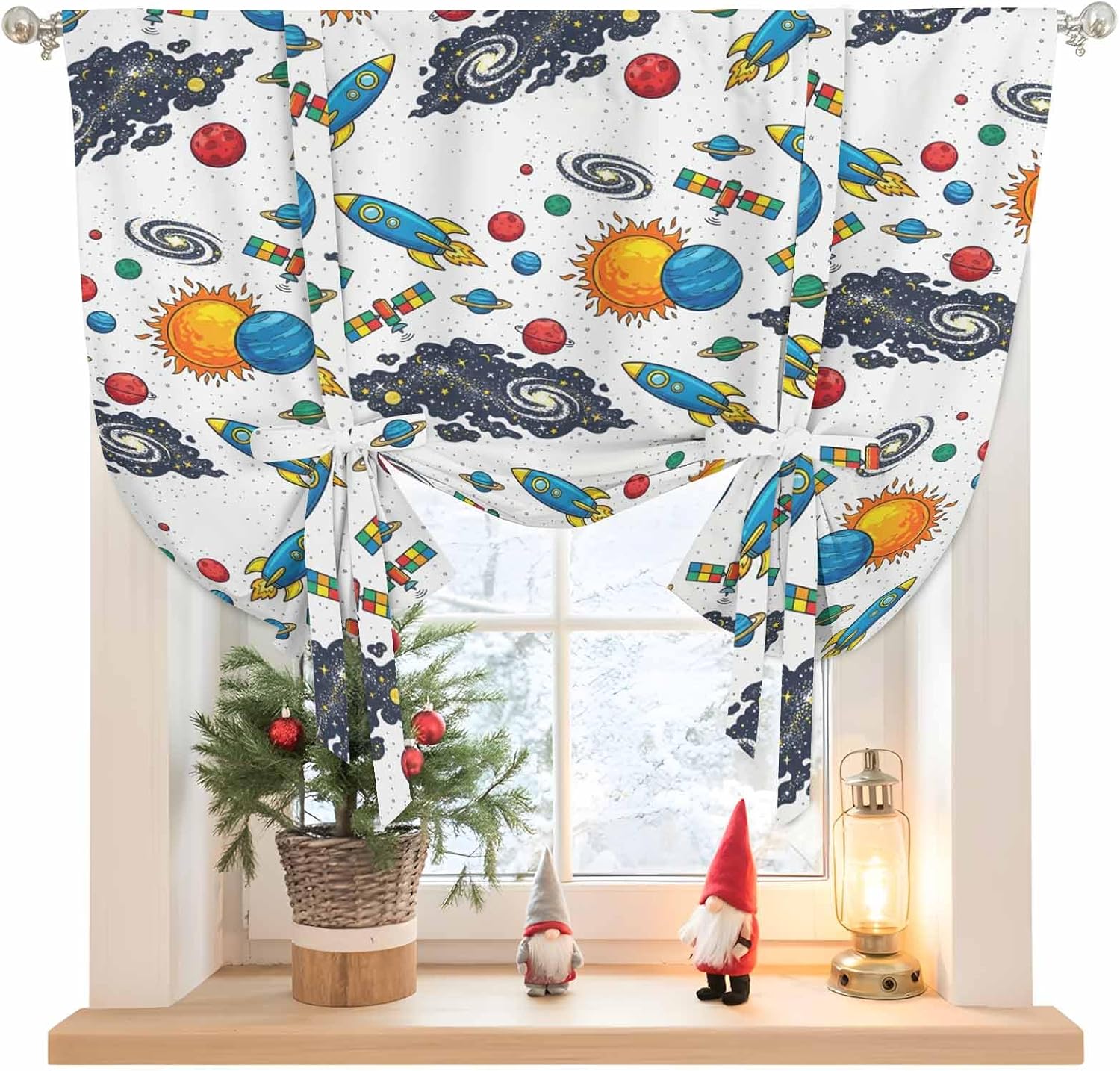 Colorful Rocket Spaceship Tie Up Curtains for Windows 63 Inch Length Balloon Curtains Kitchen Adjustable Balloon Window Shade Cartoon Modern Abstract Art Tie Up Valance Bathroom Curtain Window 46"x63"