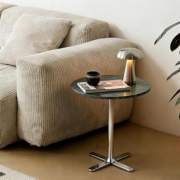 Marble Side Table, 16 Inch Round End Table, Green Marble Top with Metal Base Coffee Table for Living Room, Couch, Bedroom