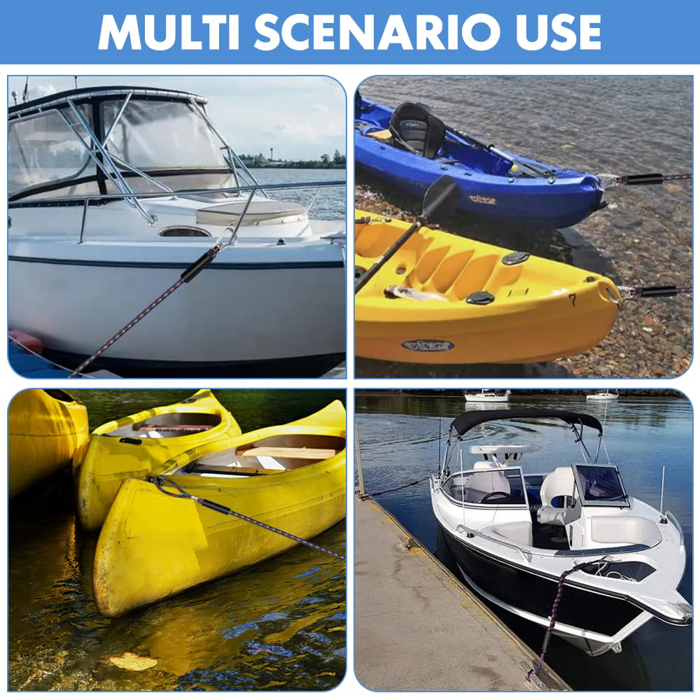 2 Pcs Cavi per Ormeggio barca, Bungee Dock Line con Gancio, Cravatta Elastica per Barche, Kayak, Pontone, Canoa (Nero + Blu + Rosso)