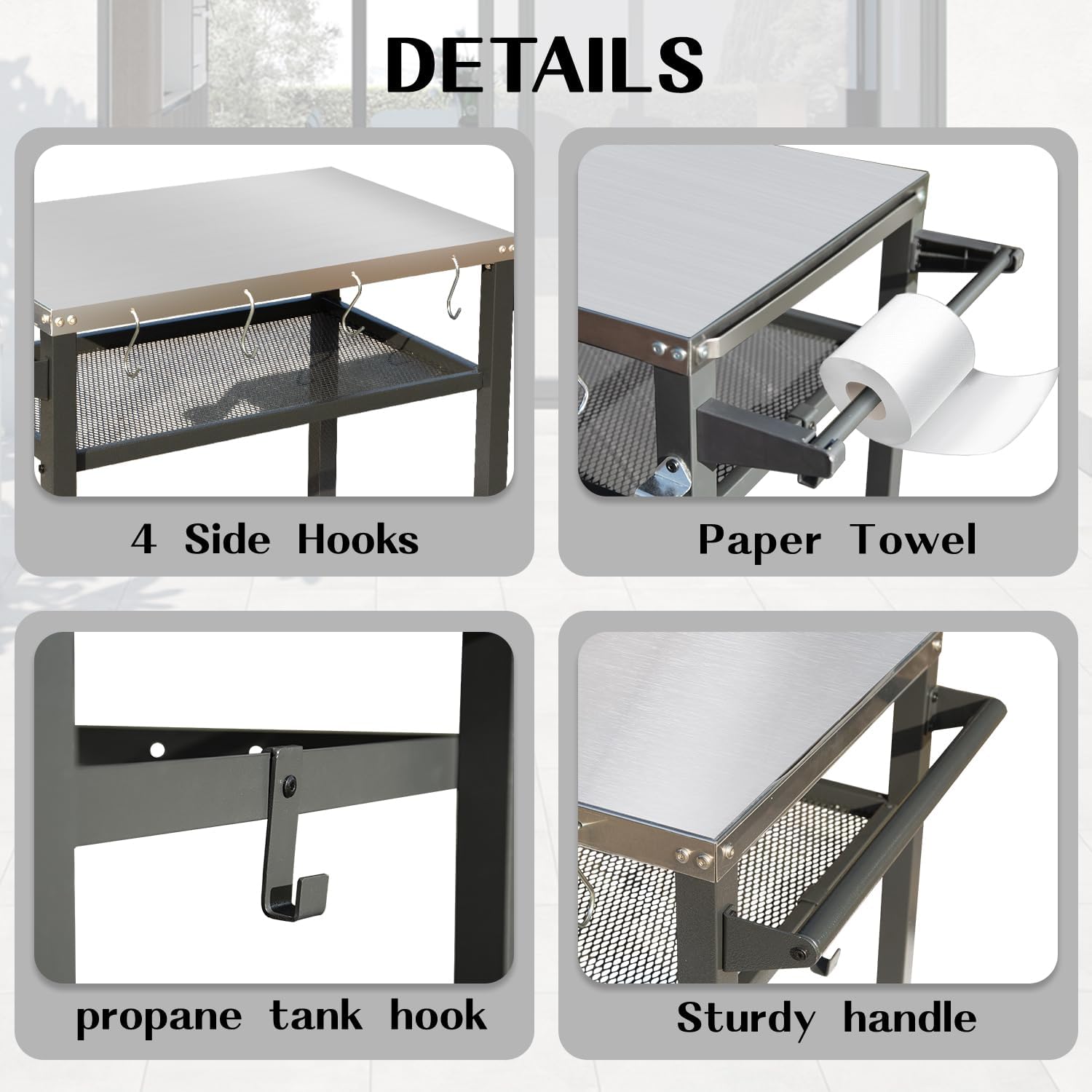 Domi 3-Tier Outdoor BBQ Grill Cart with Lockable Wheels | Portable Pizza Oven Stand & Food Prep Station | with Stainless Steel Tabletop & Propane Tanks | All-Weather Patio Cooking Center