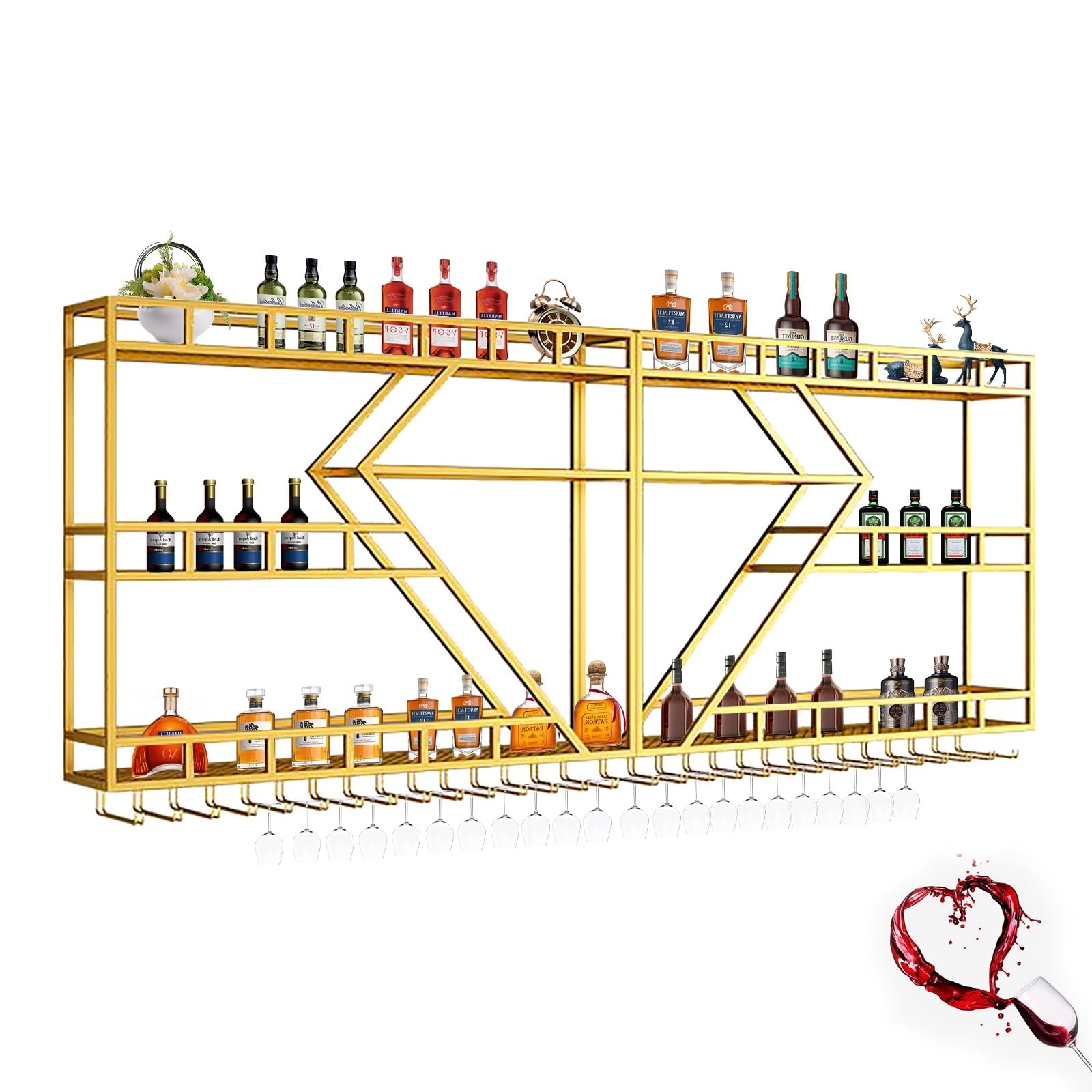 Botellero Con Luz LED Montado En La Pared, Estante De Vino Montado En La Pared, Soporte Para Vino Colgante, Estantes Flotantes Montados Con Soporte Para Copas De Vino Para Salón, Cocina, Bodega(Gold,2