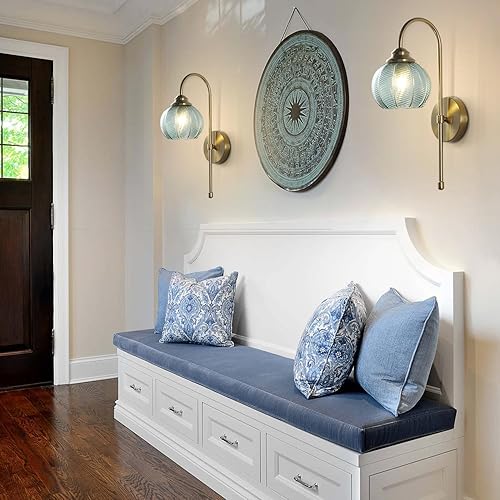 Miniatura 6 de KCO Lighting - Lámpara de pared de cristal verde vintage con brazo de latón cepillado, aplique de globo grande, acabado dorado, lámparas de pared