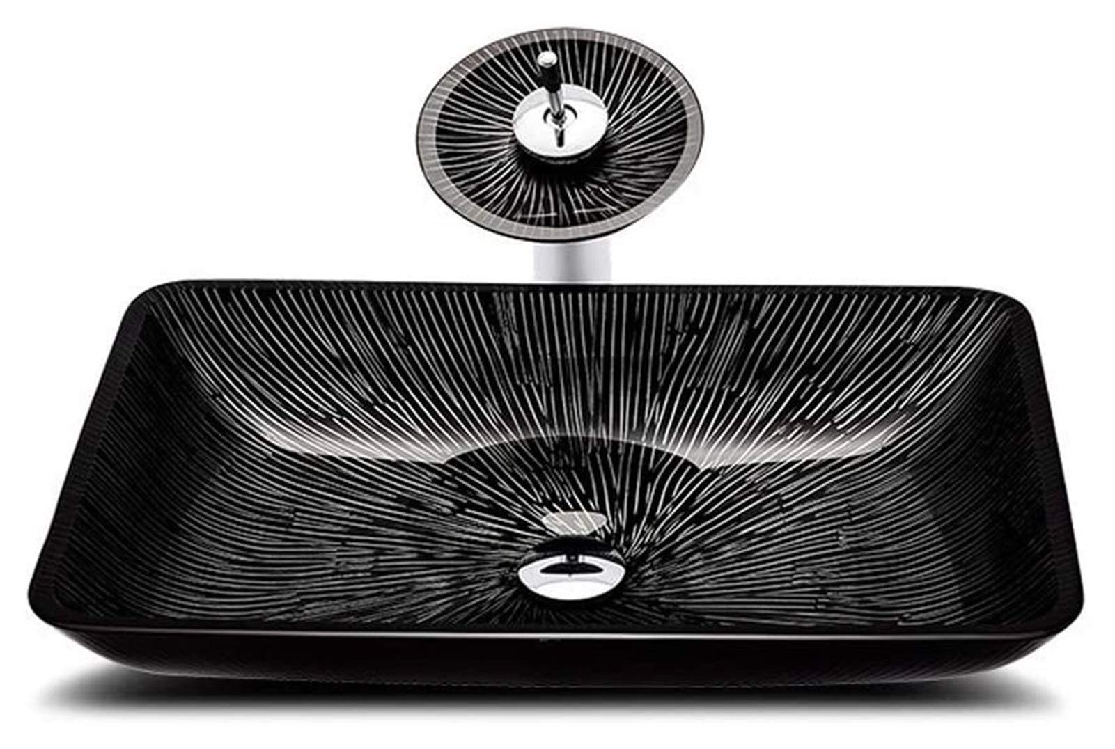 SBCGFY Vessel Sinks, Bathroom Vessel Sink Luxury Hotel Art Sink Rectangle Vessel Vanity Sink Tempered Glass Above Counter Bathroom Lavatory Bowl Radiation Line Pattern Wash Basin Combo
