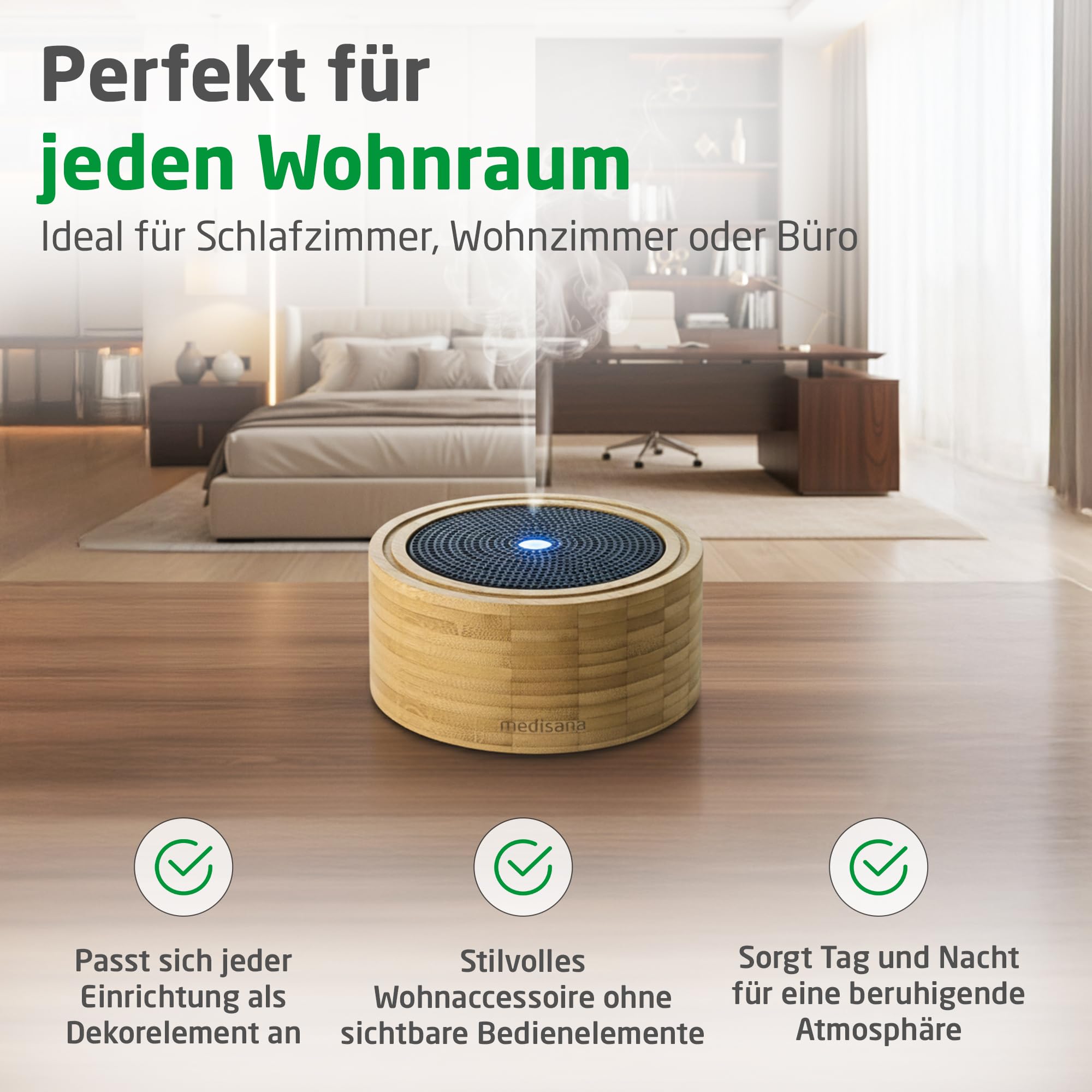 Medisana AD 625 Aroma Diffuser, Duftöl Diffusor für ätherische Öle, Duftlampe mit Wellness-Licht in 6 Farben, Luftbefeuchter für Wohnzimmer, Schlafzimmer, Büro, Raumbefeuchter 100 ml