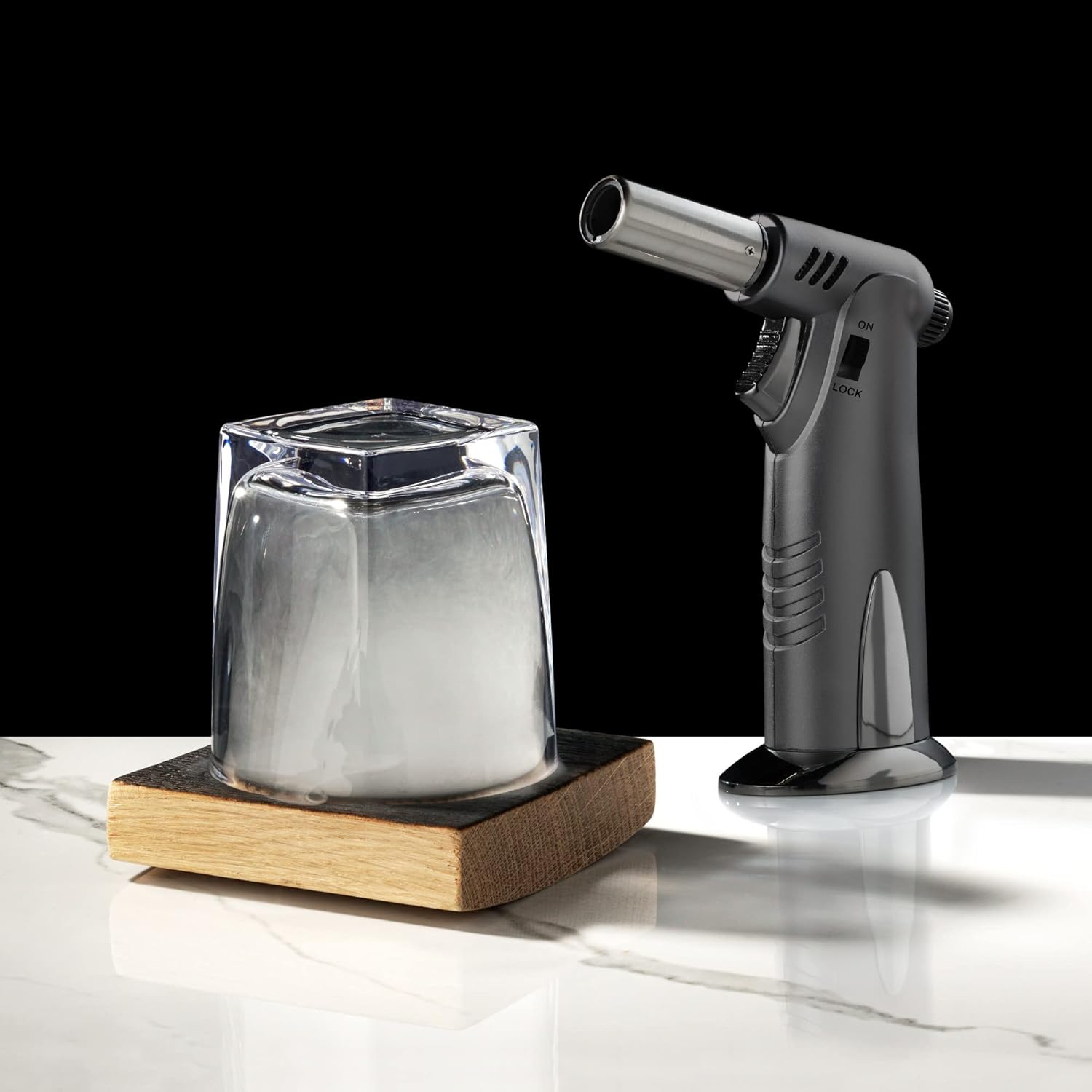 Viski Alchemi Cocktail Smoker Kit, Barrel Board Smoking Set with Lowball Glass, Butane Torch, Whiskey Barrel Plank, Old Fashioned and Bourbon Smoker, Gifts for Men, Home Bar Accessories, 3 Piece Set