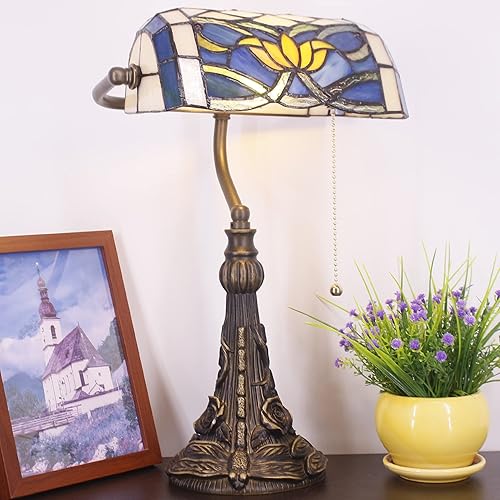 Miniatura 4 de Tiffany Banker - Lámpara de mesa pequeña con vitrales, estilo Tiffany, piano, azul claro, amarillo, estilo loto, lámpara de escritorio, ángulo Azul