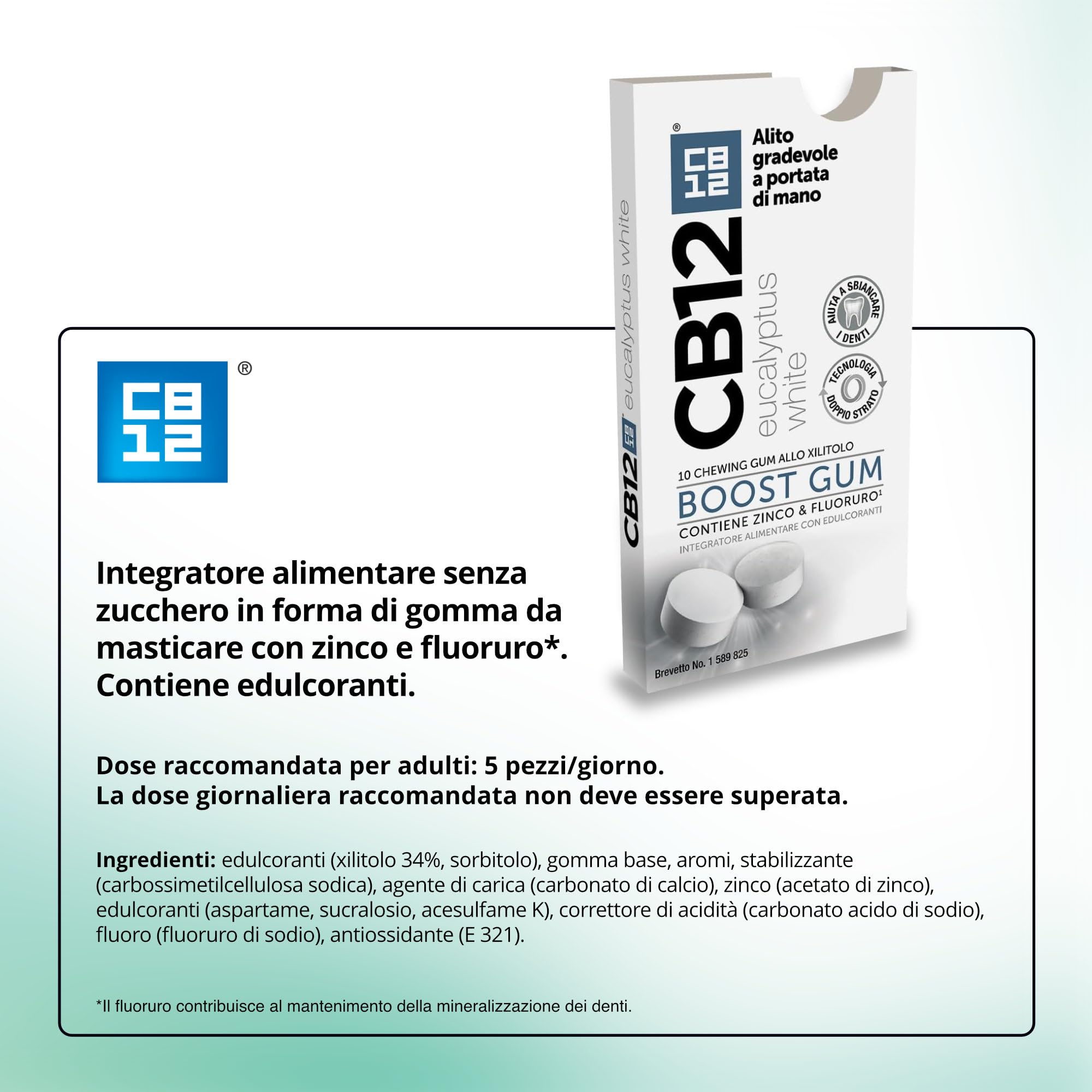 CB12 Boost, Gomme da Masticare Senza Zucchero con Xilitolo, Gusto Eucalipto, Effetto Sbiancante, Prevengono Alito Cattivo, Confezione da 10 Chewing Gum