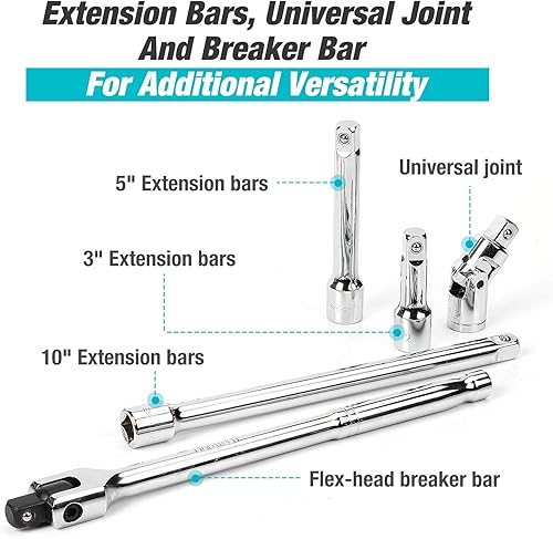 Miniatura 4 de DURATECH Juego de llaves de vaso de 1/2", 33 piezas, incluye enchufes métricos/SAE, trinquete de 1/2 pulgada, barra de disyuntor y adaptadores de