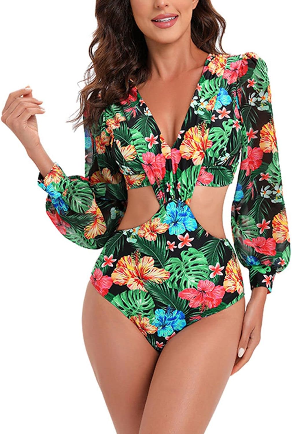 Lu's Chic Women's One Piece Swimsuit Long Sleeve Swimwear Beach Cut Out V Neck Sexy Bathing Suit