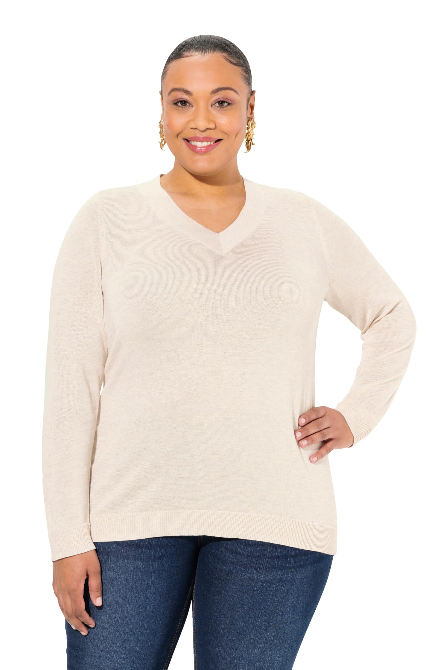 Ulla Popken Women's Pullover, V-Ausschnitt, Langarm, Weicher Feinstrick Sweater, Natural Melange, 36/38 UK