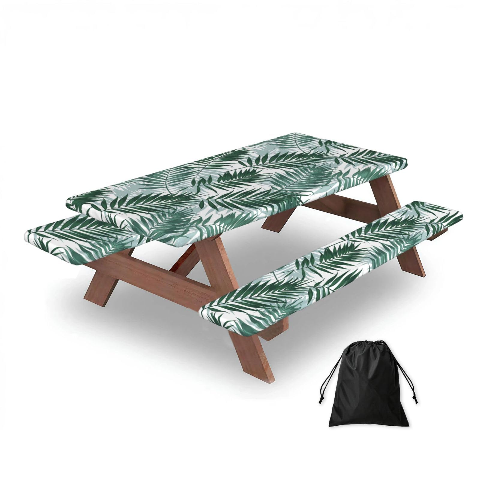 Dopklna As Picture Tropical Jungle, Seamless Pattern With Palm Leaves, Picnic Table Cover With Bench Covers -Waterproof Elastic Fitted Tablecloth For Garden Camping Patio 76X152cm