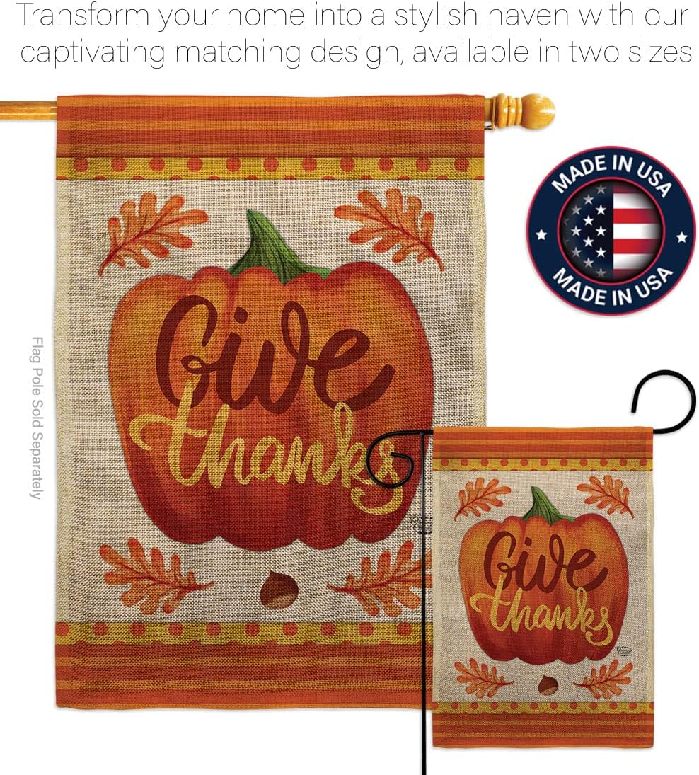 Pumpkin Give Thanks Garden Flag Fall Thanksgiving Turkey Gobble Season Autumntime Cornucopia House Decoration Banner Small Yard Gift Double-Sided, Thick Burlap, Made in USA