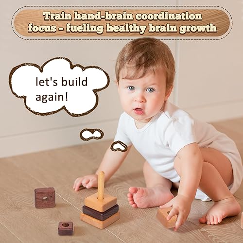 Miniatura 3 de Adena Montessori Anillo de madera natural de color madera, apilador geométrico Montessori, juguete educativo de madera, para bebés y niños pequeños