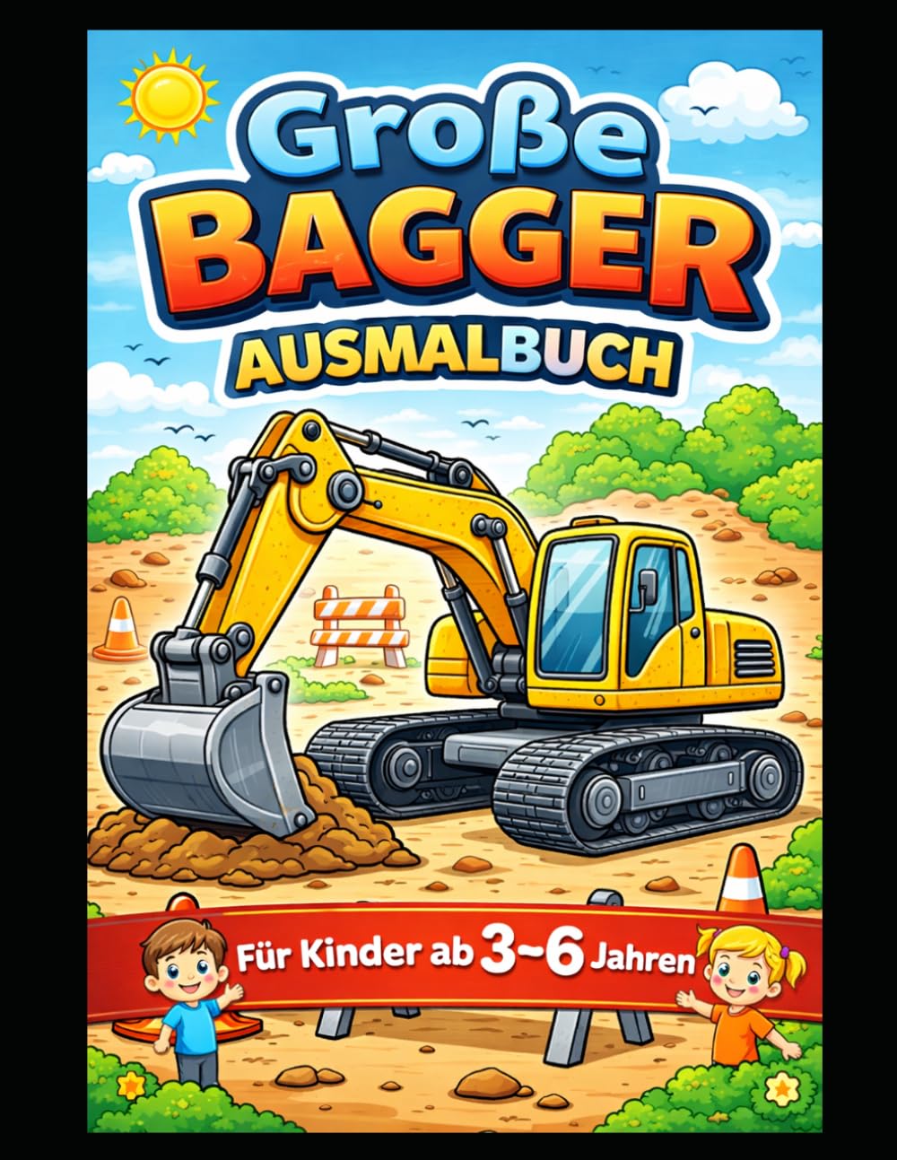 Große Bagger Ausmalbuch für Kinder: Einfache große Baustellenfahrzeuge zum Ausmalen für Jungen und Mädchen von 3–6 Jahren