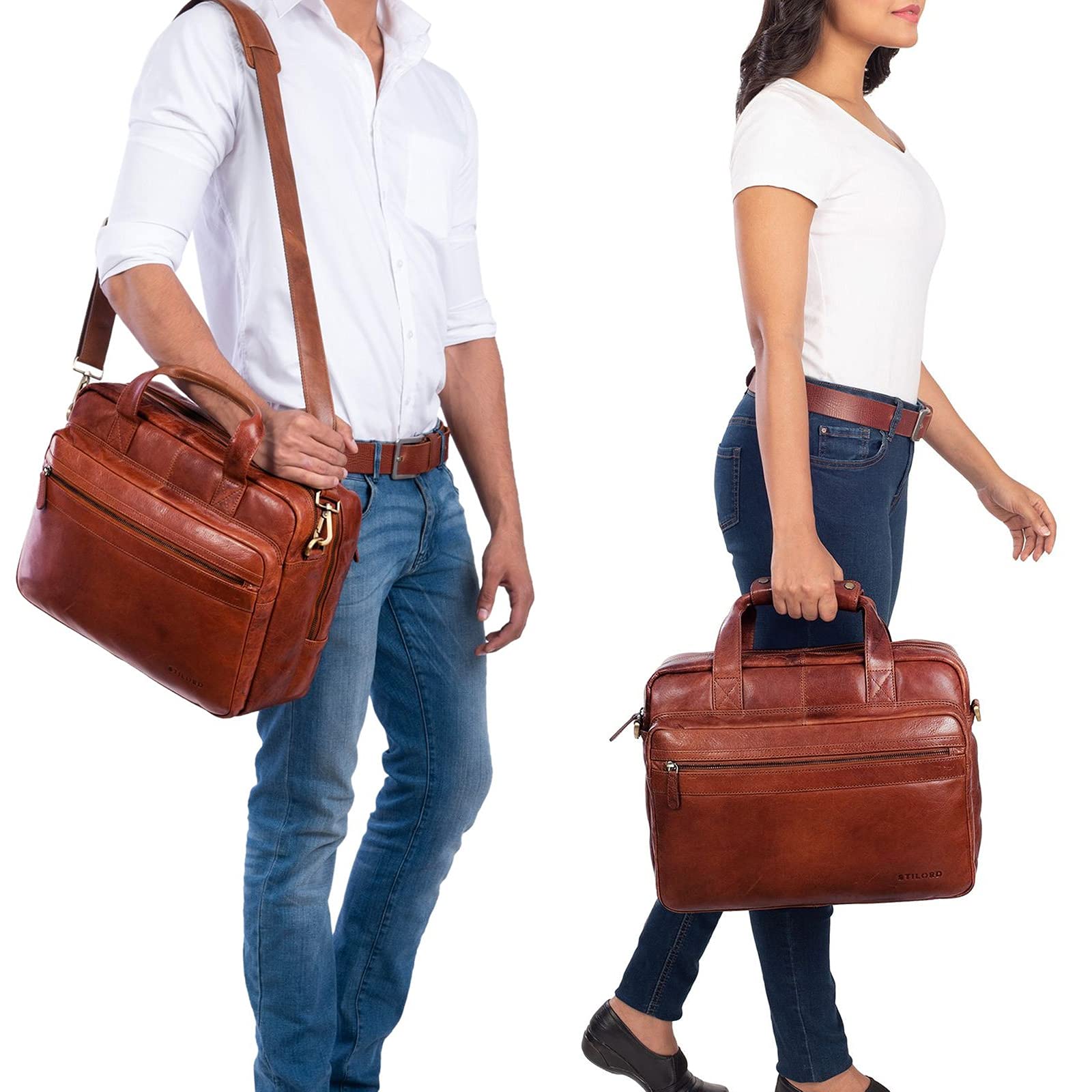 STILORD 'Adventure' Bolso de Piel para portátil de 14" Bolsa de Mensajero o Bandolera para Hombres y Mujeres Maletín para Profesor o Negocios de auténtico Cuero Color:marrón Oscuro - Opaco