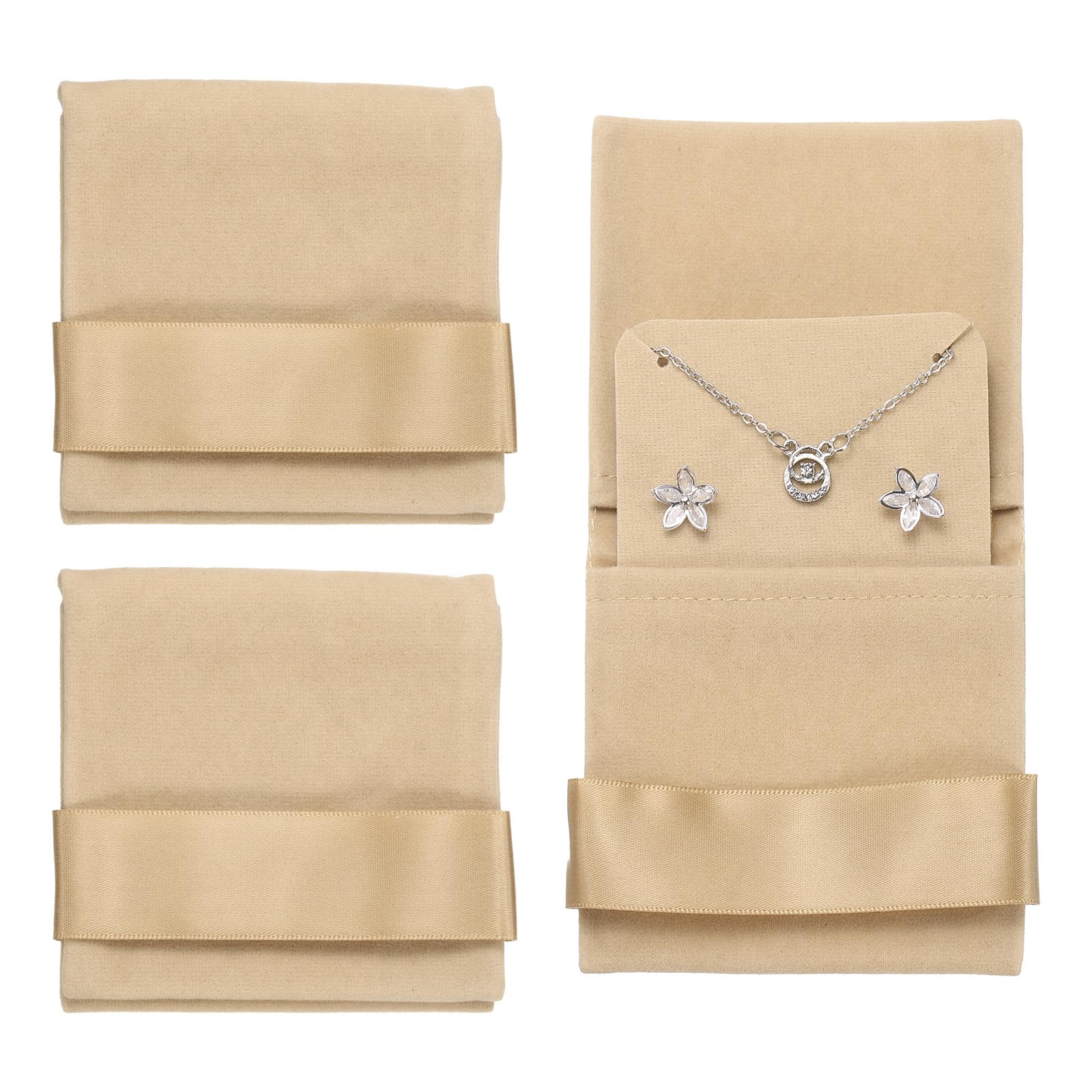 Pochette à bijoux en velours beige avec coussinet pour bague collier et bracelet