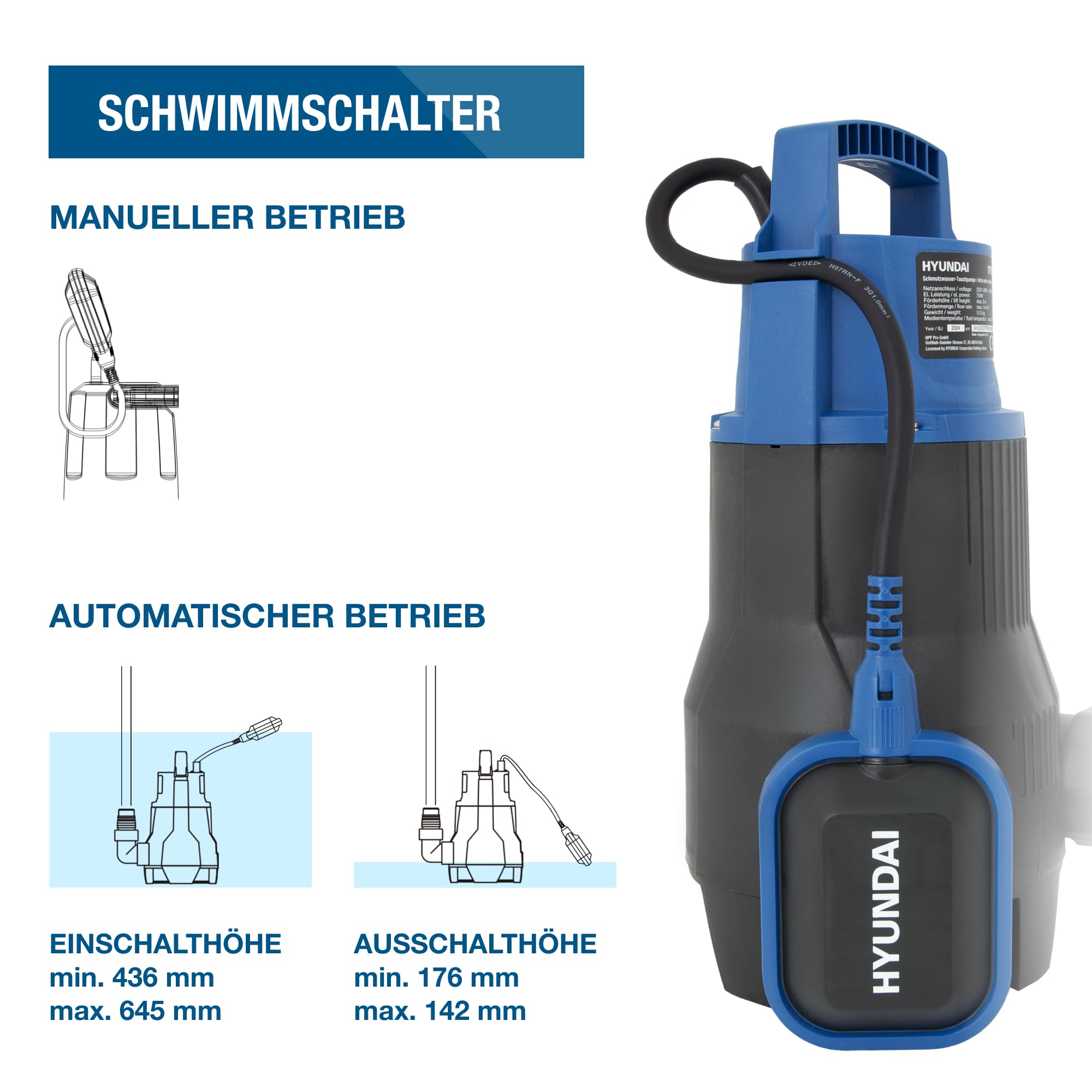 HYUNDAI Pompa sommersa (750 W | 14.000 l/h)