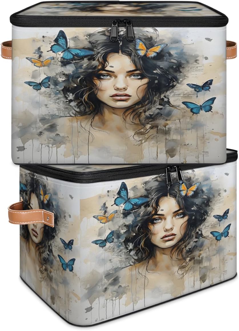 Storage Bin Set of 2 Retro Woman Butterfly Storage Basket with Zipper Lid & Handle Foldable Closet Shelf 2 Pack Cloth Organizer Basket Cube Bins Clothes Organizer for Bedroom, Nursery