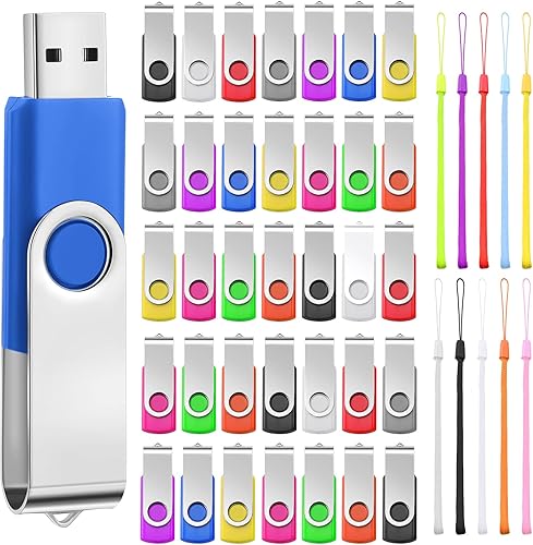 Paquete de 50 unidades flash USB a granel con cordones USB 2.0, unidad de pulgar giratoria, paquete de flash de almacenamiento a granel con luz LED