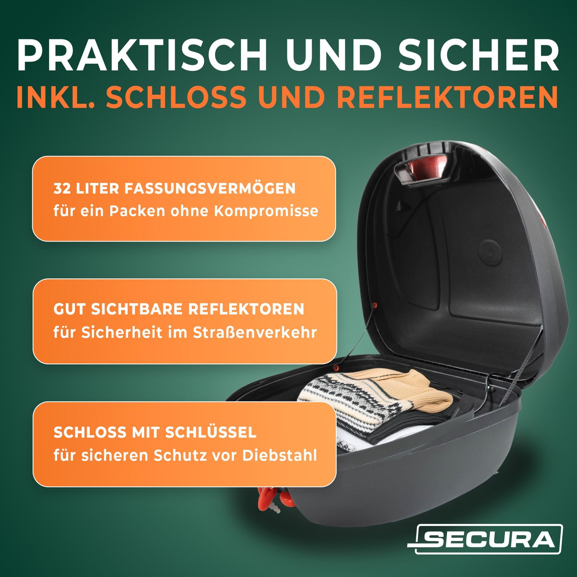 Secura Topcase Motorradkoffer schwarz 32 L abschließbar mit Rücklicht