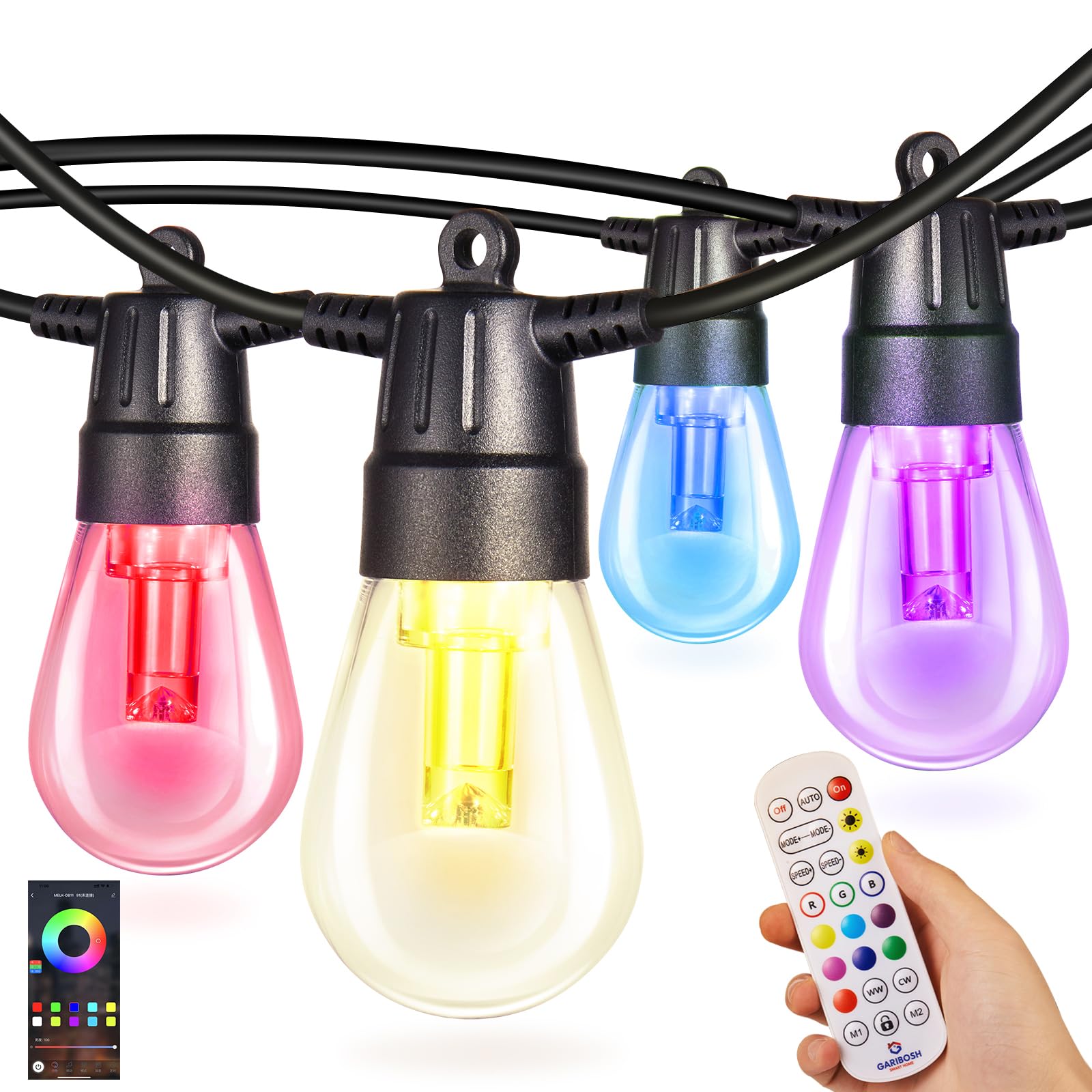 Photo 1 of Voneta Outdoor String Lights, 49ft 20 Bulbs RGB Patio Lights with Remote & APP, S14 Dimmable LED Hanging Lights, Color Changing IP65 Waterproof Outdoor Lights for Garden Yard Porch Party Decor Multicolor
